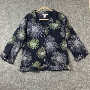 FRESH PRODUCE Shirt‎ Size XL Linen Blouse Floral Button Up Beachy Gauzy Blue